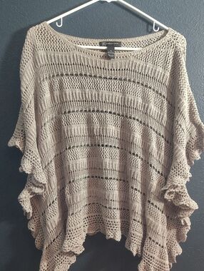 INC International Concepts Taupe Open-Knit Ruffle Poncho